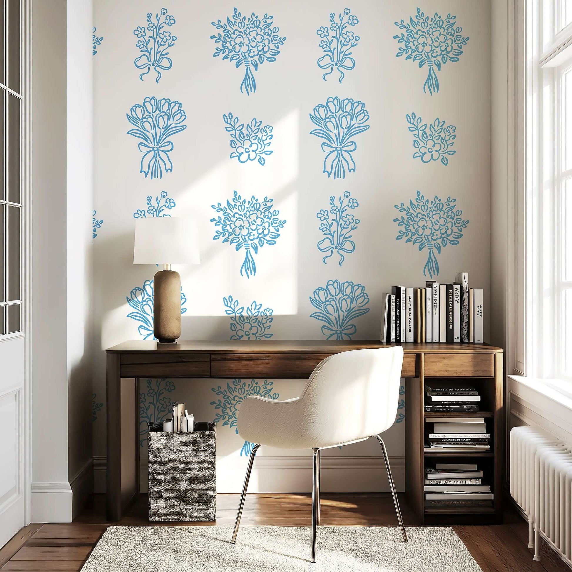 Floral blue ink botanical wallpaper in a home office, featuring hand-drawn flowers on a white background, perfect for cottage design.