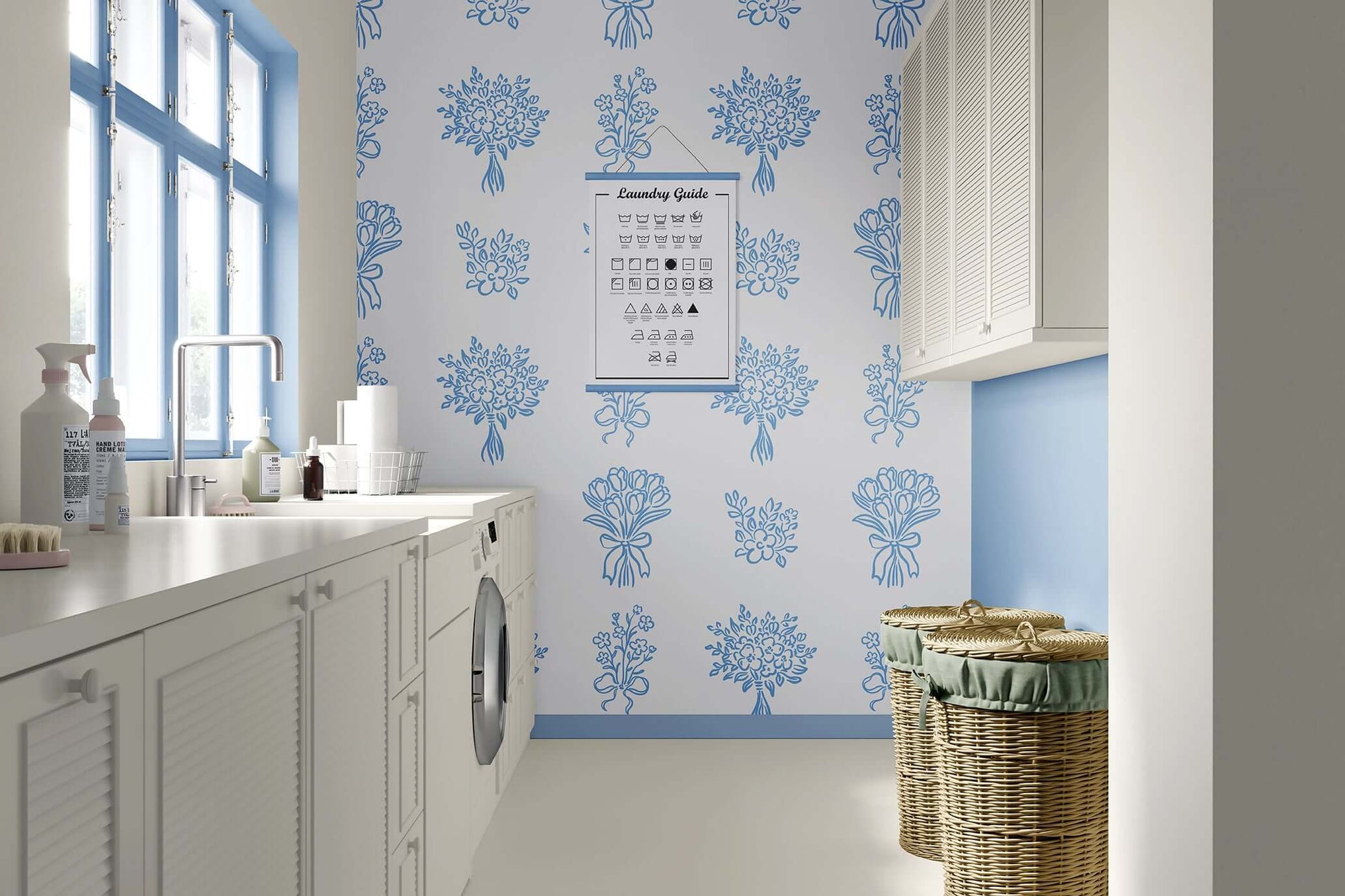 Blue Ink Botanicals wallpaper with floral patterns in a white laundry room, embodying timeless cottage design elegance.