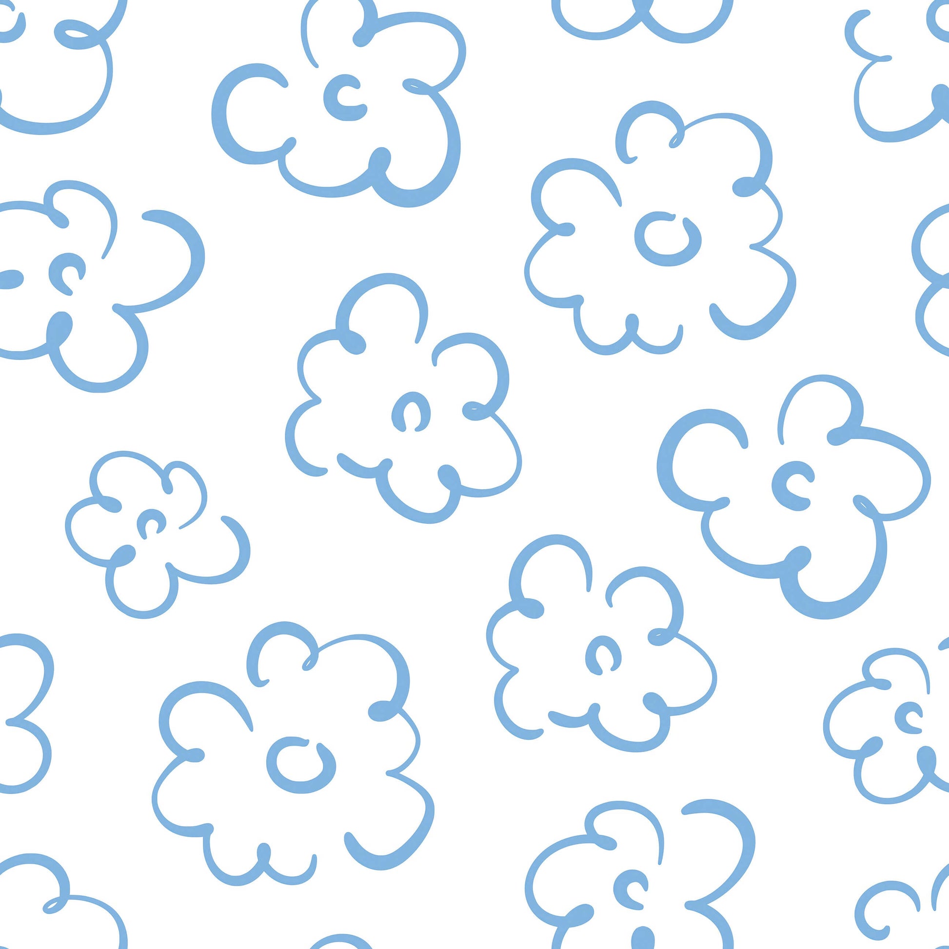 Whimsical blue hand-drawn flowers on white background, perfect for modern and playful interiors, creating a carefree floral wallpaper.