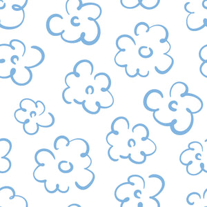 Whimsical blue hand-drawn flowers on white background, perfect for modern and playful interiors, creating a carefree floral wallpaper.