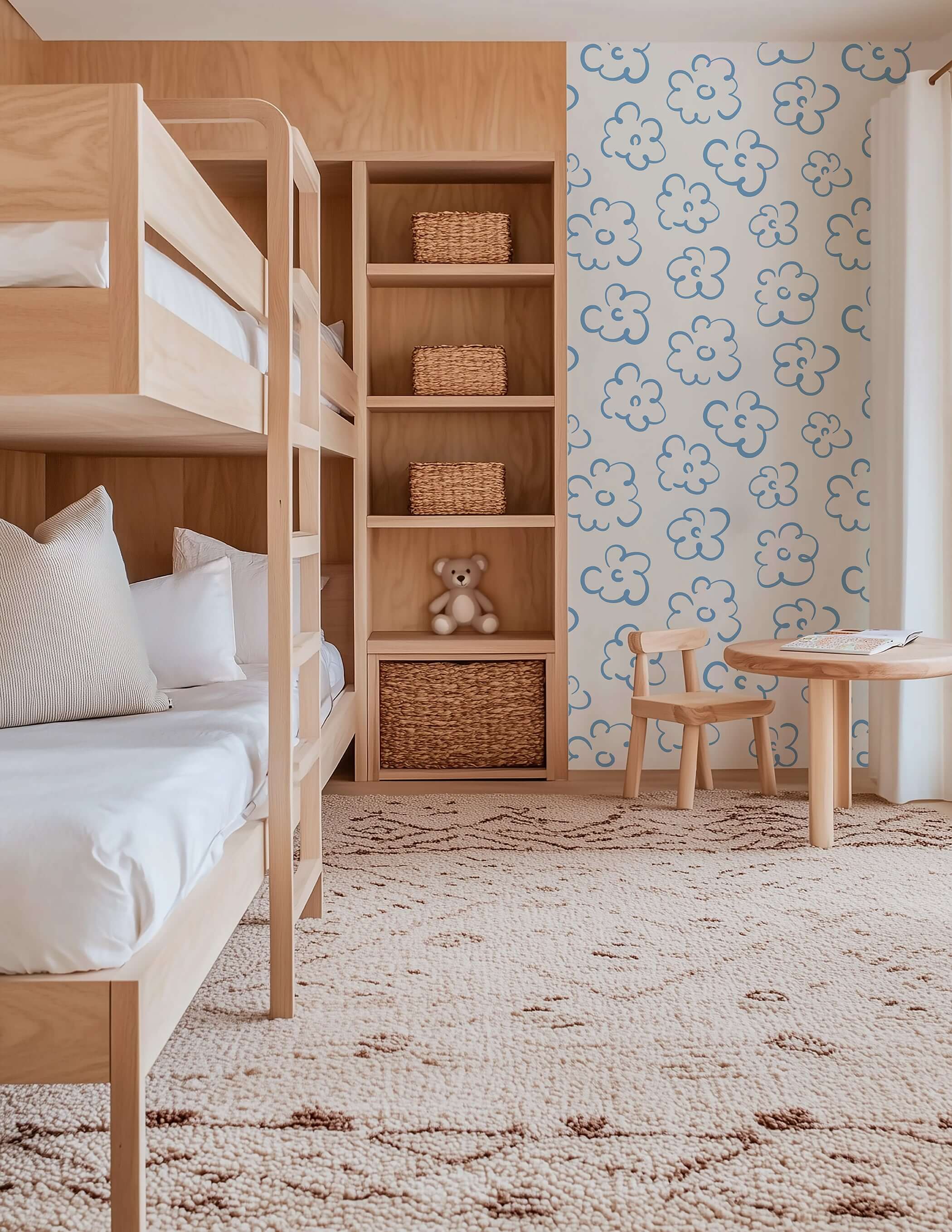 Kids room with playful blue and white abstract floral wallpaper, modern wooden bunk beds, and cozy decor.