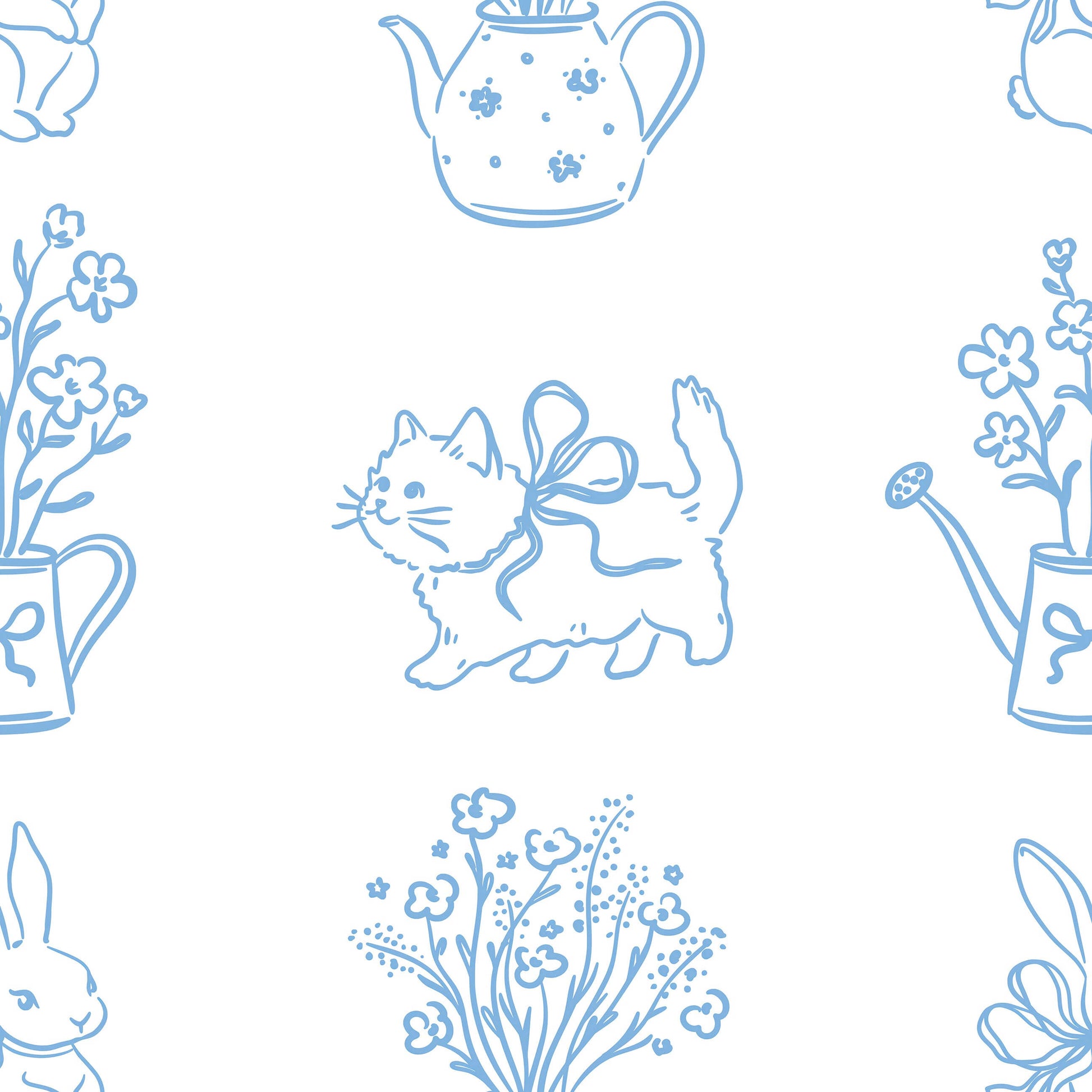 Whimsical wallpaper featuring bow-tied kittens, teapots, and flowers, ideal for a modern nursery or playroom. Enchanting details!
