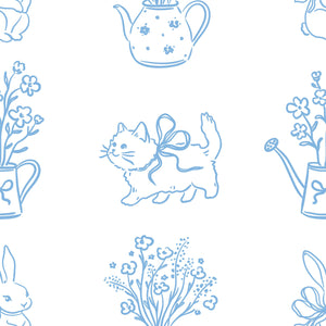 Whimsical wallpaper featuring bow-tied kittens, teapots, and flowers, ideal for a modern nursery or playroom. Enchanting details!
