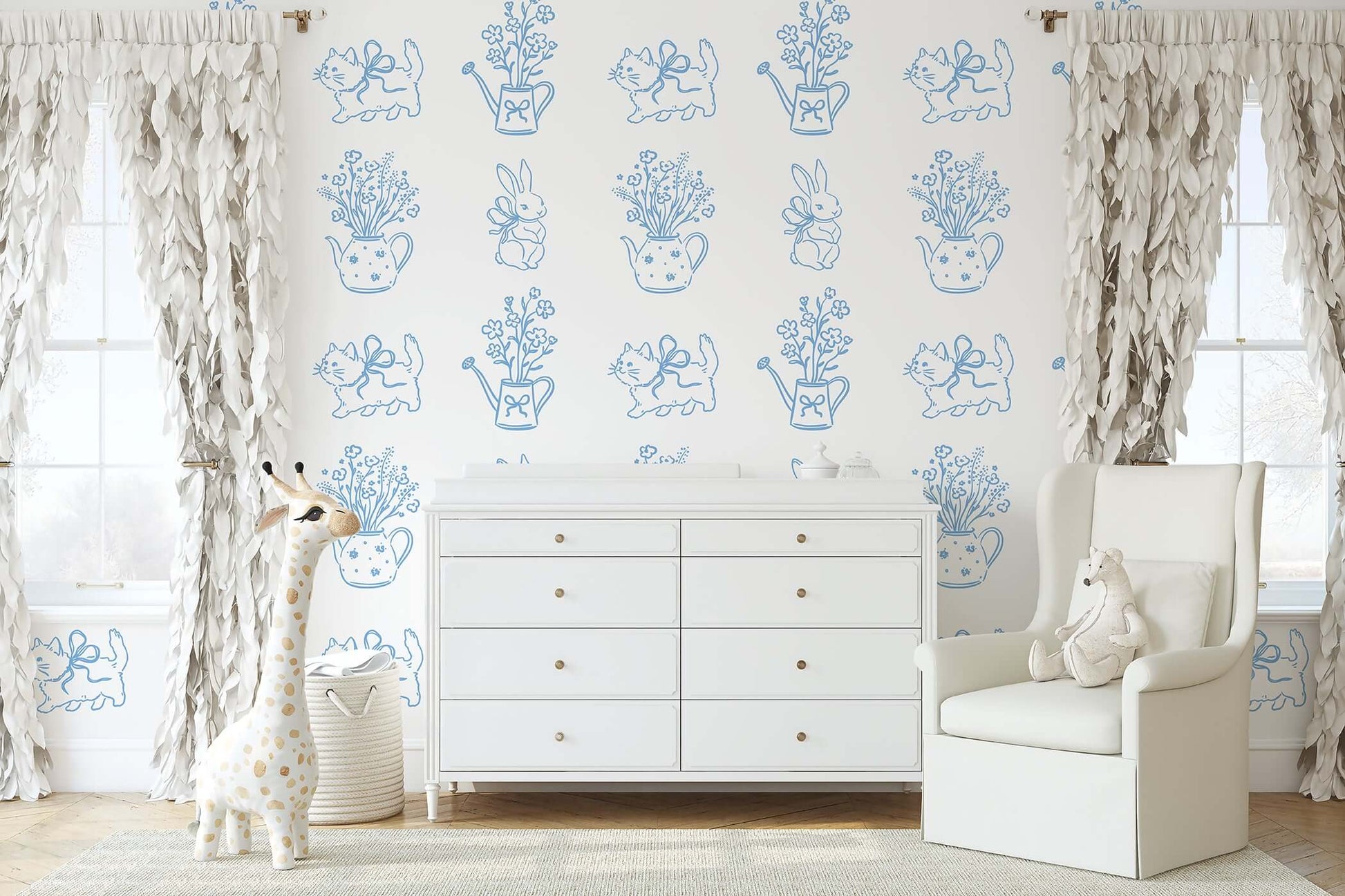 Modern contemporary wallpaper with playful kittens, floral teapots, and whimsical designs perfect for nurseries and cozy corners.