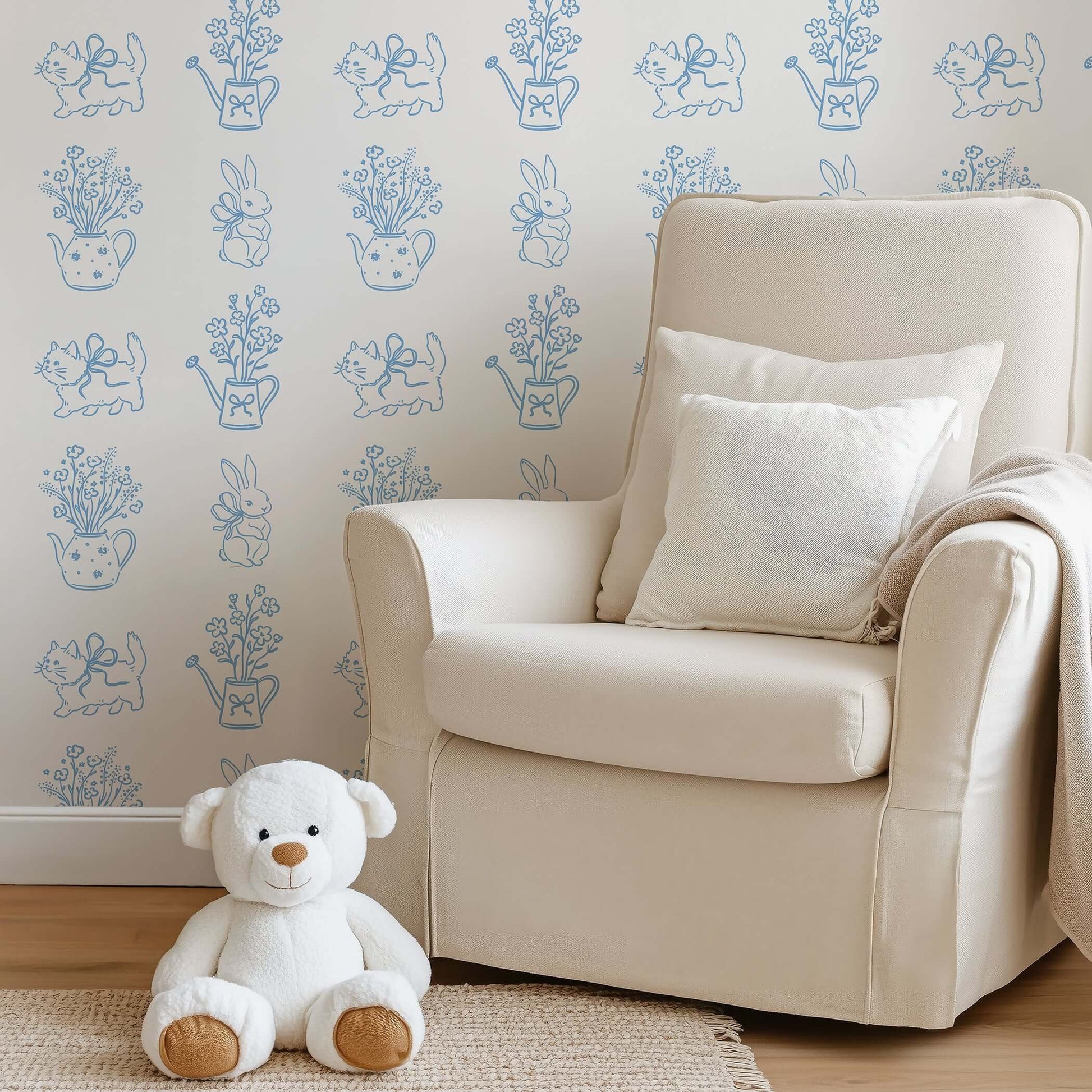 Cozy room with Bow-Tied Kitten Bliss wallpaper featuring playful kittens, flowers, and teapots in a modern contemporary style.