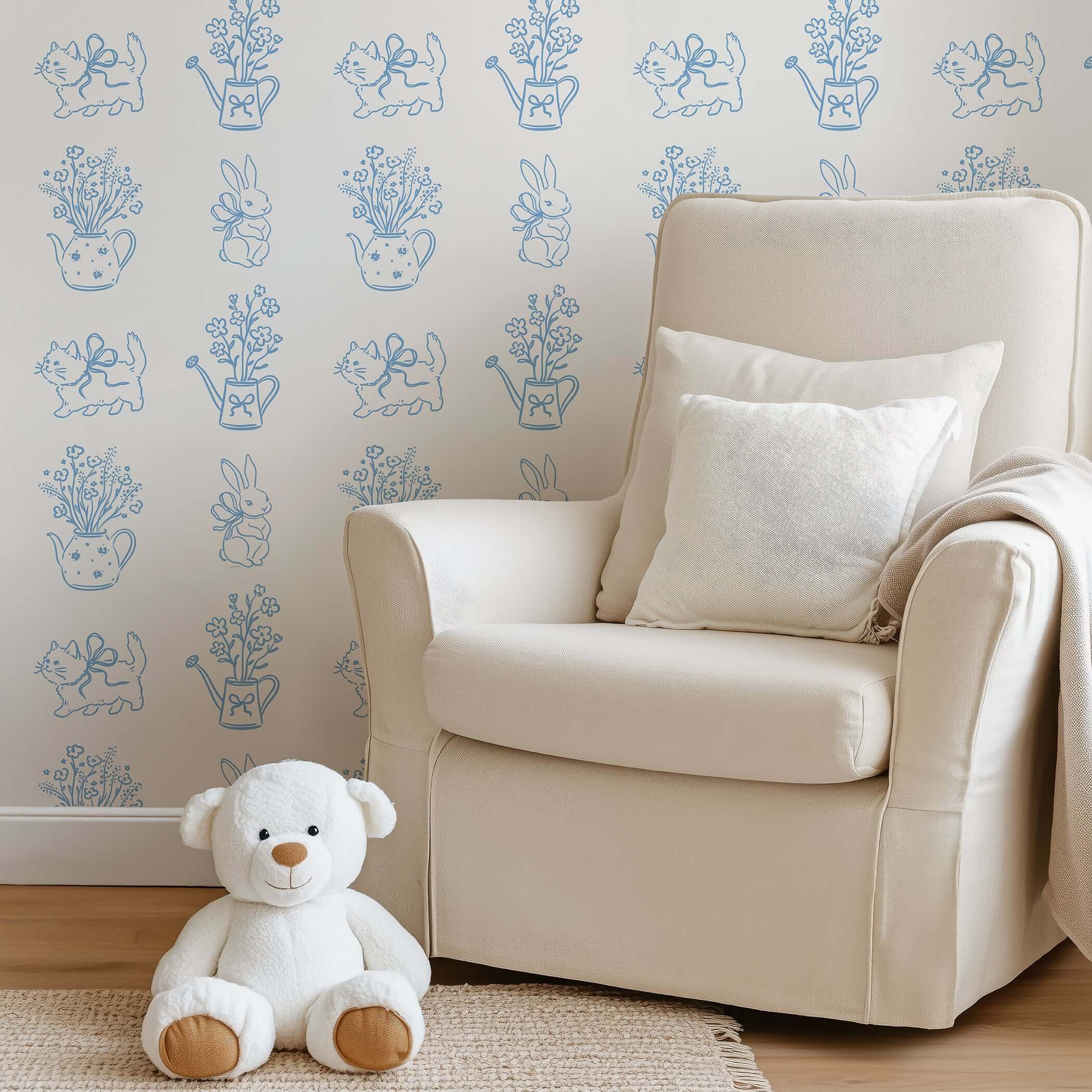 Cozy room with Bow-Tied Kitten Bliss wallpaper featuring playful kittens, flowers, and teapots in a modern contemporary style.