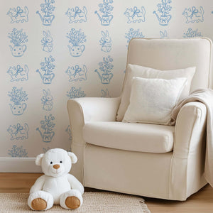 Cozy room with Bow-Tied Kitten Bliss wallpaper featuring playful kittens, flowers, and teapots in a modern contemporary style.