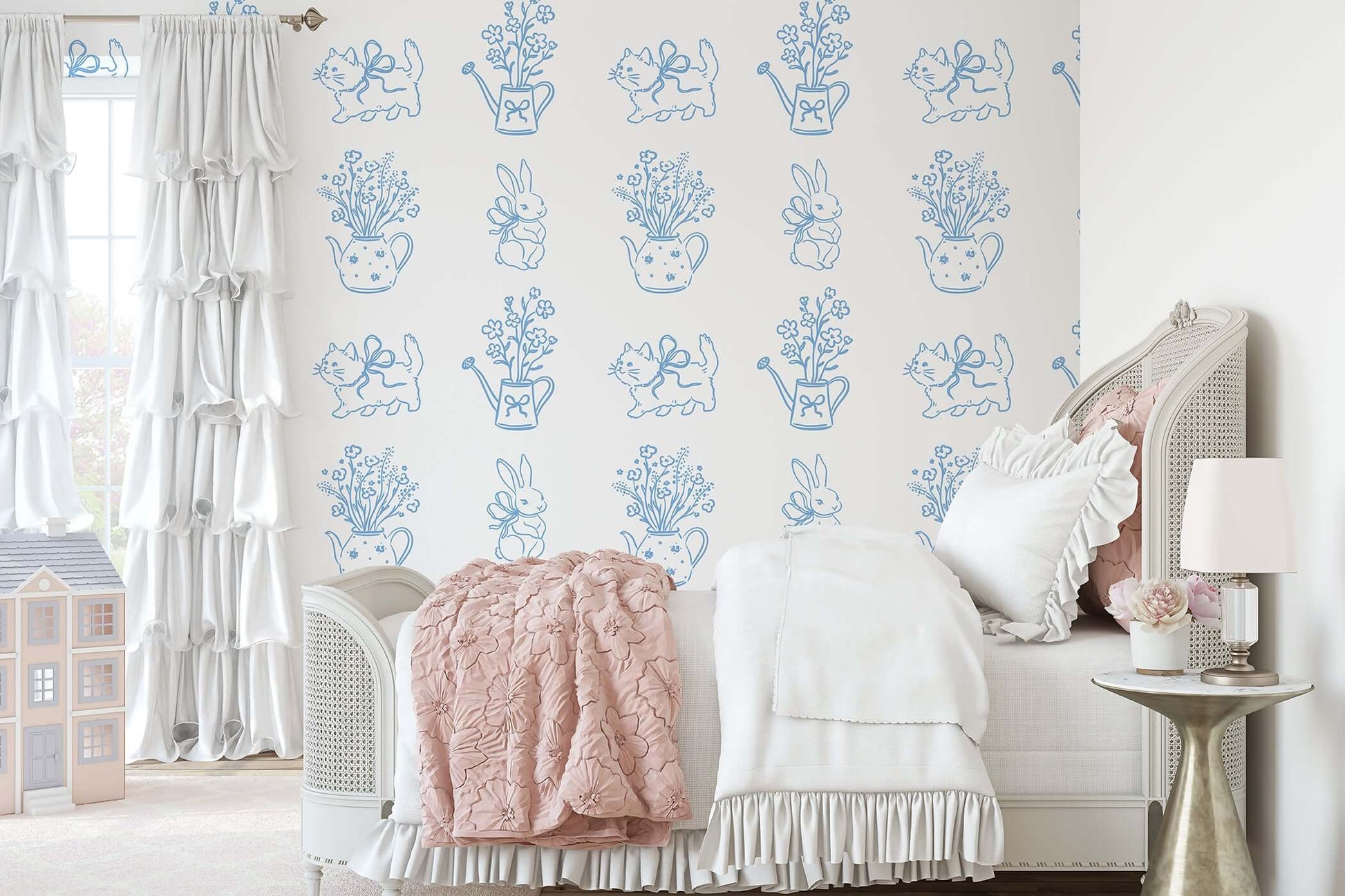 Charming wallpaper with kittens, flowers, and teapots for a modern contemporary nursery or playroom.