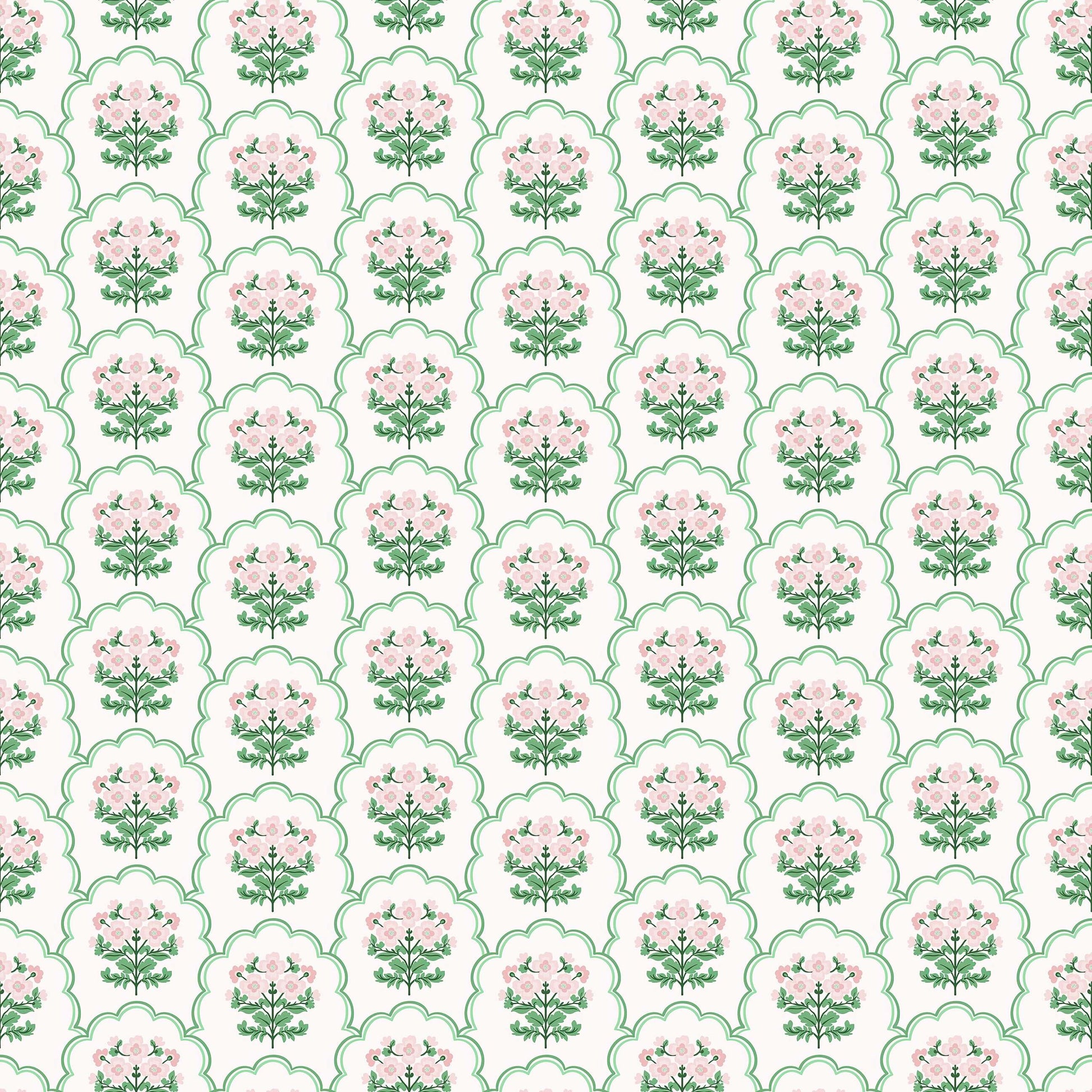 Preppy Pink Garden Lattice Wallpaper with pink floral scallops, modern design for children's nursery or playroom. Elegant and playful style.