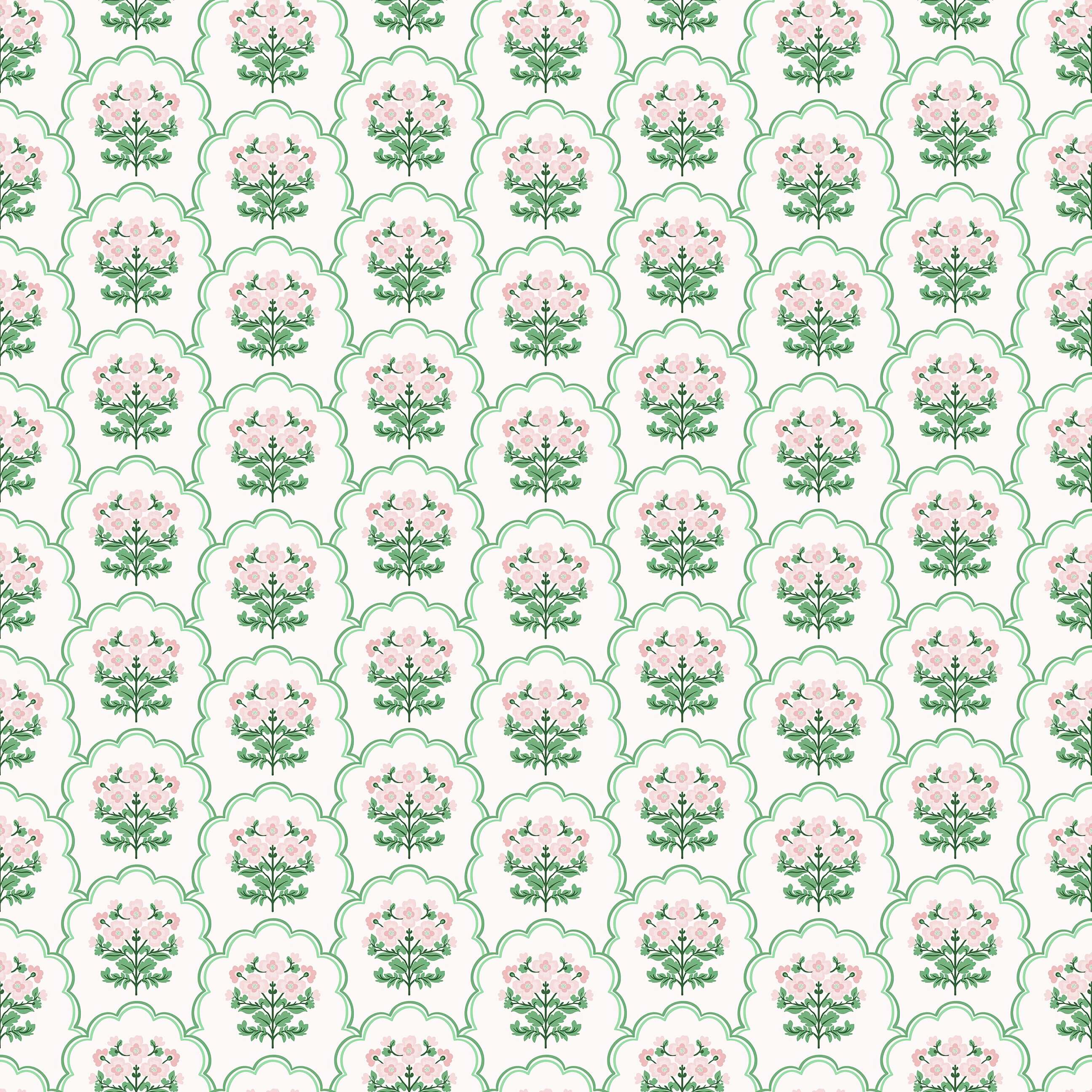 Preppy Pink Garden Lattice Wallpaper with pink floral scallops, modern design for children's nursery or playroom. Elegant and playful style.