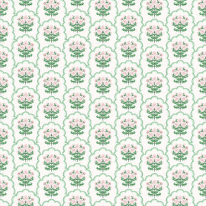 Preppy Pink Garden Lattice Wallpaper with pink floral scallops, modern design for children's nursery or playroom. Elegant and playful style.