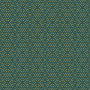Emerald green Art Deco wallpaper with gold geometric lattice design, perfect for luxury interiors and statement walls.