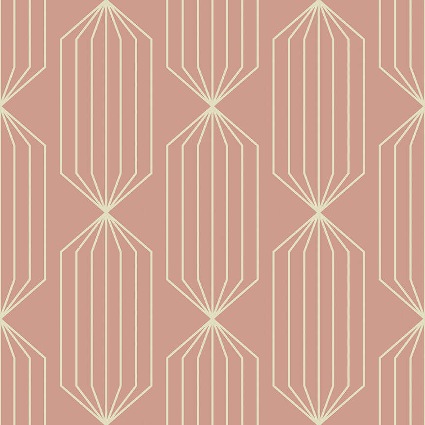 Peach Prism Panels Wallpaper with mid-century modern geometric design in peach and gold, featuring ivory prism lines on a warm background.