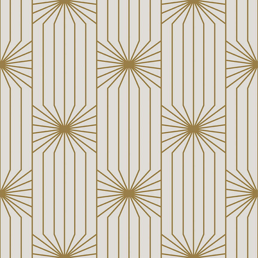 Art Deco geometric wallpaper with gold sunburst lines on white background, ideal for mid-century modern decor.