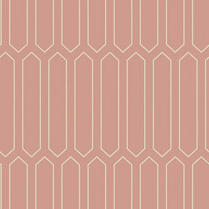 Art deco geometric pink and gold wallpaper with vertical ivory lines, retro style for modern interiors.