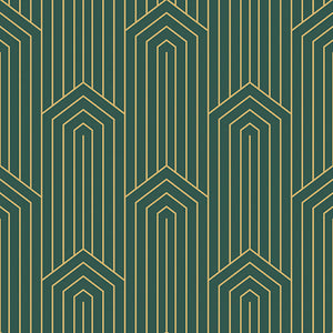 Art Deco geometric wallpaper with gold chevron pattern on emerald green background, enhancing retro elegance in home interiors.