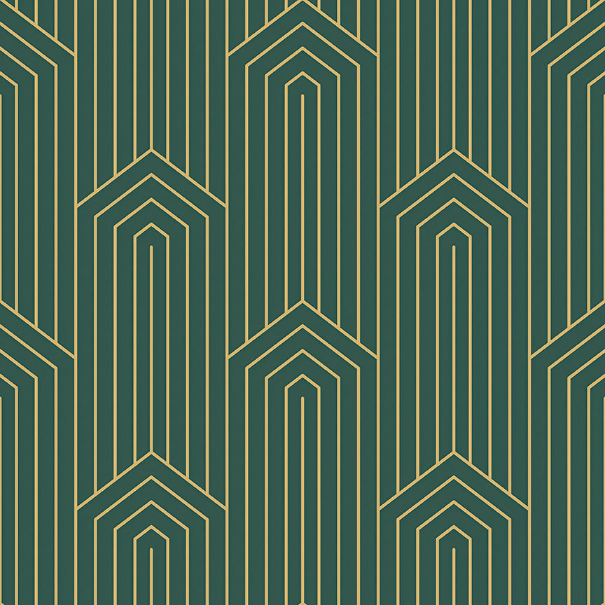 Art Deco geometric wallpaper with gold chevron pattern on emerald green background, enhancing retro elegance in home interiors.