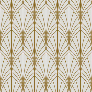 Art Deco wallpaper with gold fan-shaped arches on ivory background, showcasing geometric retro vintage glamour for elegant spaces.