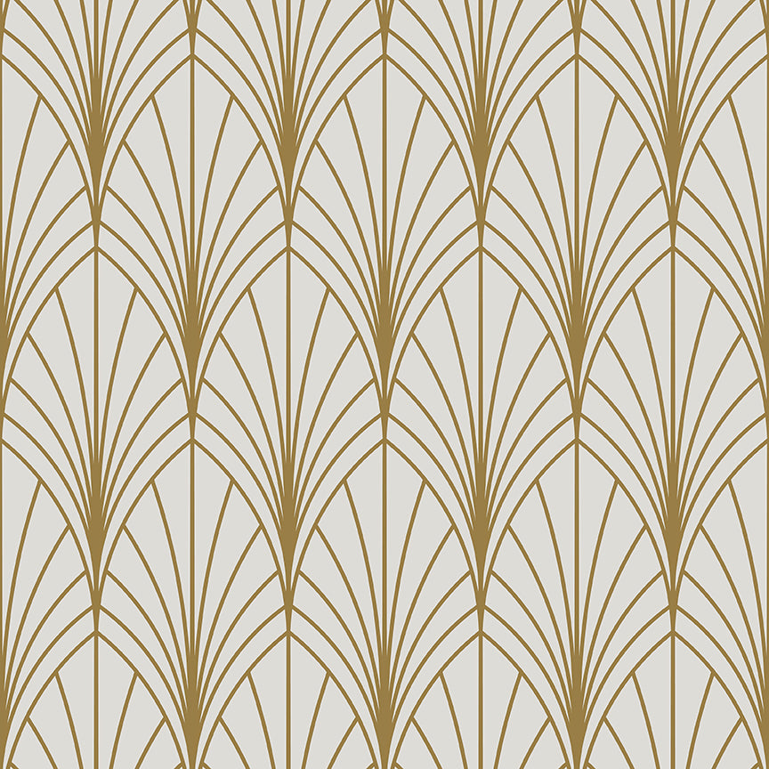 Art Deco wallpaper with gold fan-shaped arches on ivory background, showcasing geometric retro vintage glamour for elegant spaces.