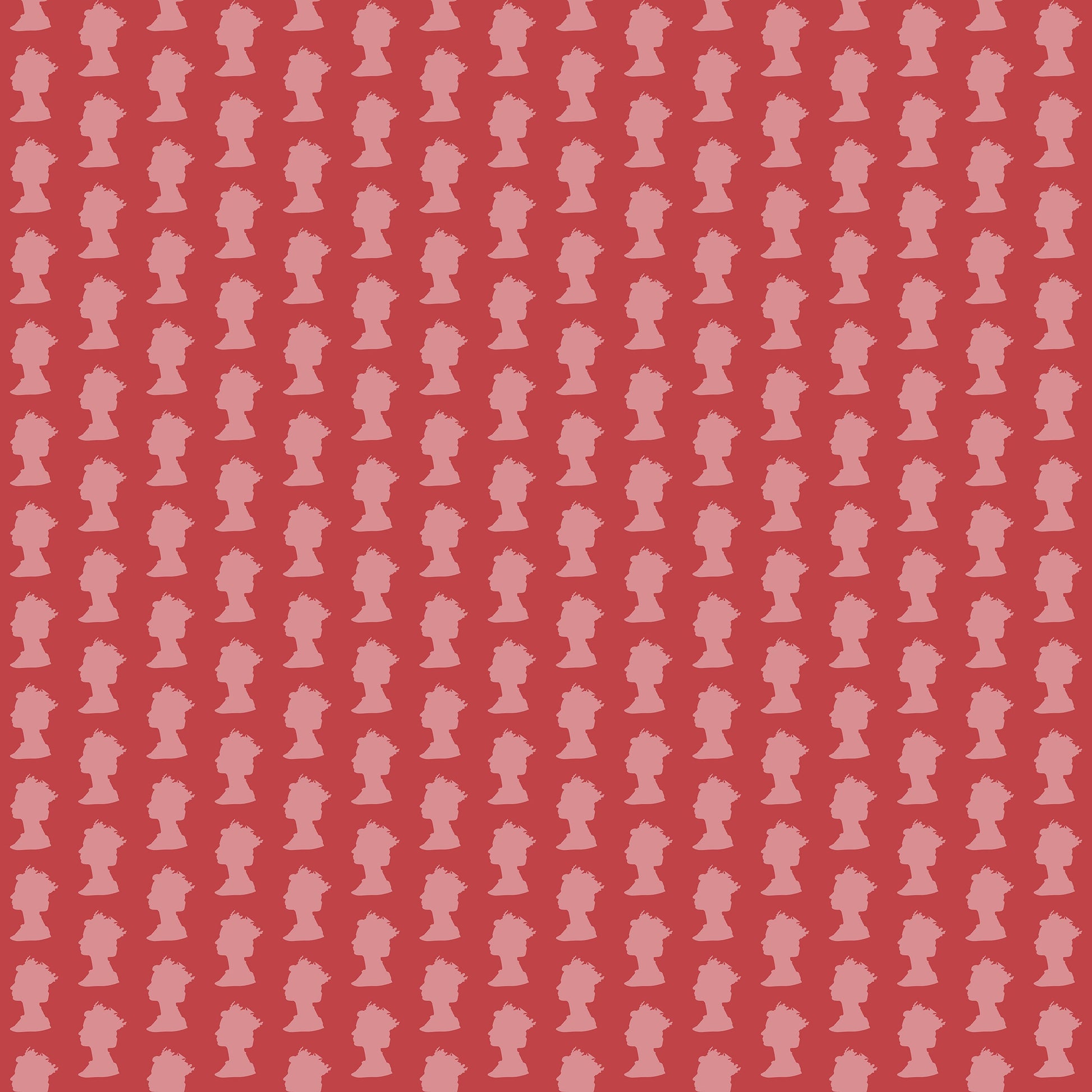 Modern Monarchy Motif wallpaper featuring soft pink royal head silhouettes on a red background, capturing London and England's essence.