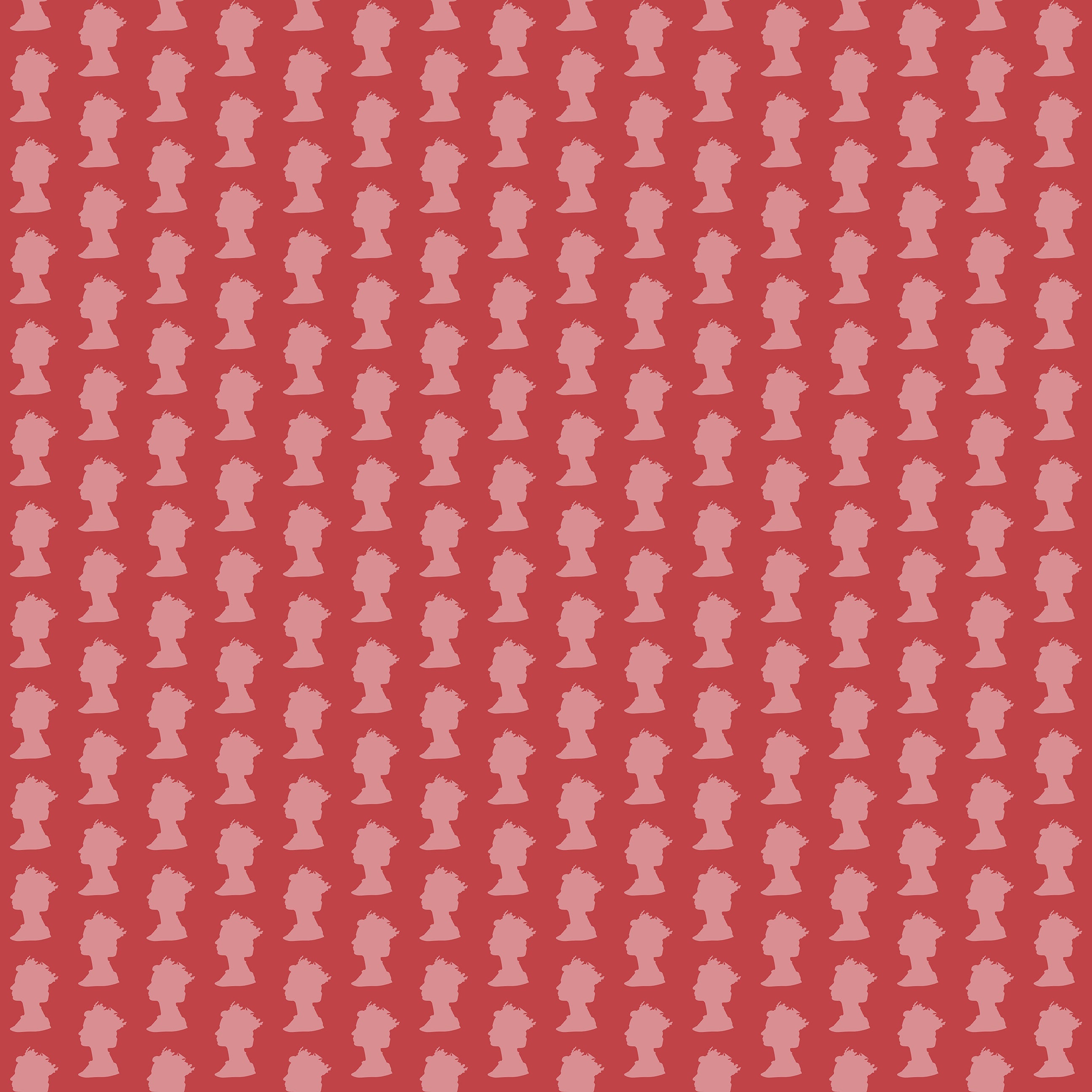 Modern Monarchy Motif wallpaper featuring soft pink royal head silhouettes on a red background, capturing London and England's essence.