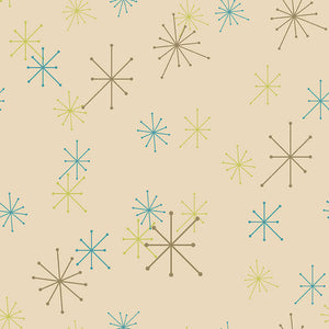 Retro wallpaper with teal blue, lime green, and mocha brown atomic starbursts on a beige background, featuring mid-century modern design.