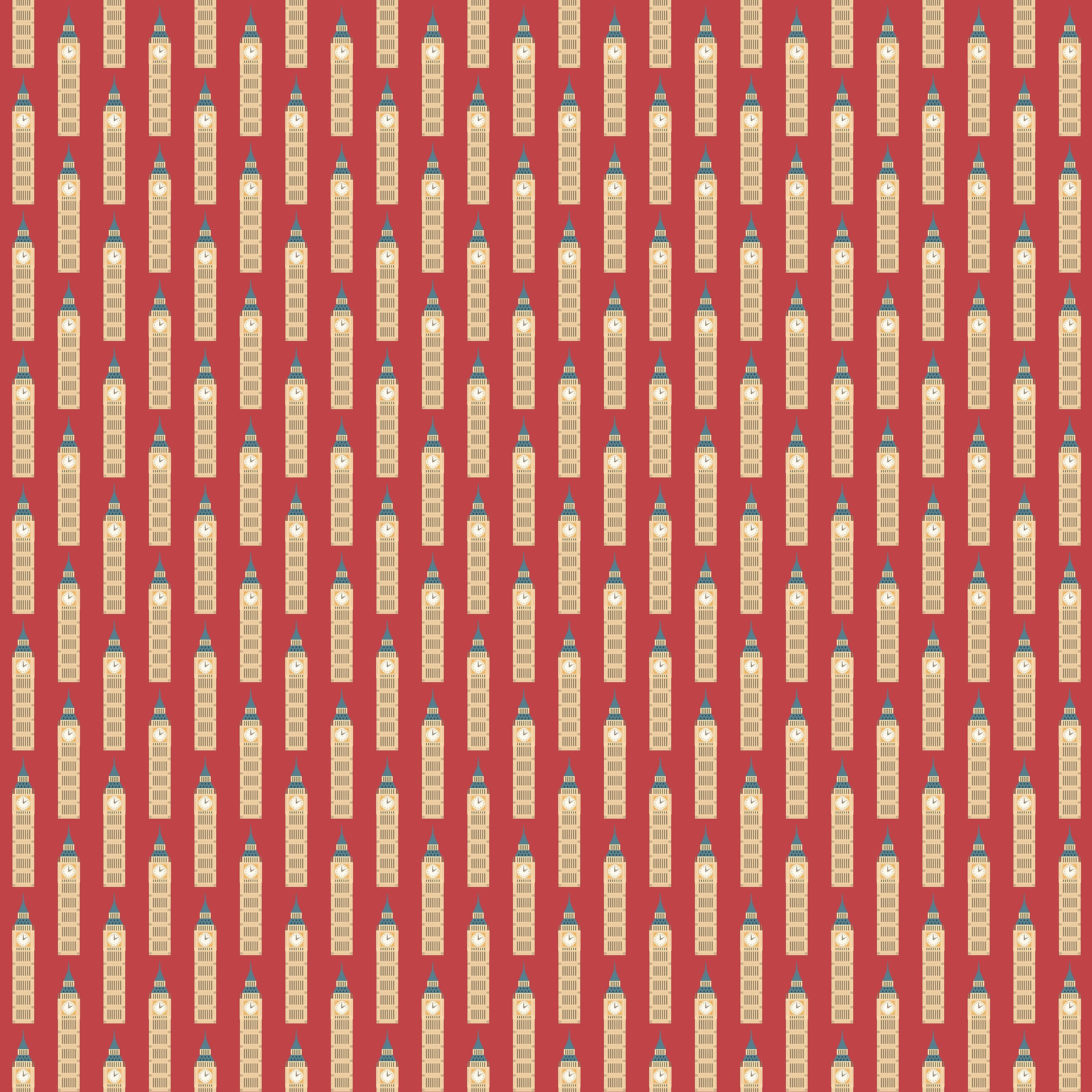 Stylized Big Ben wallpaper with a red background, featuring gold and blue accents. Perfect for London-themed interior decoration.