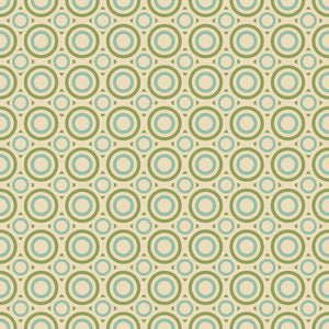 Retro Orbit Rings mid-century modern wallpaper with sage and teal concentric circles on cream background; retro design.