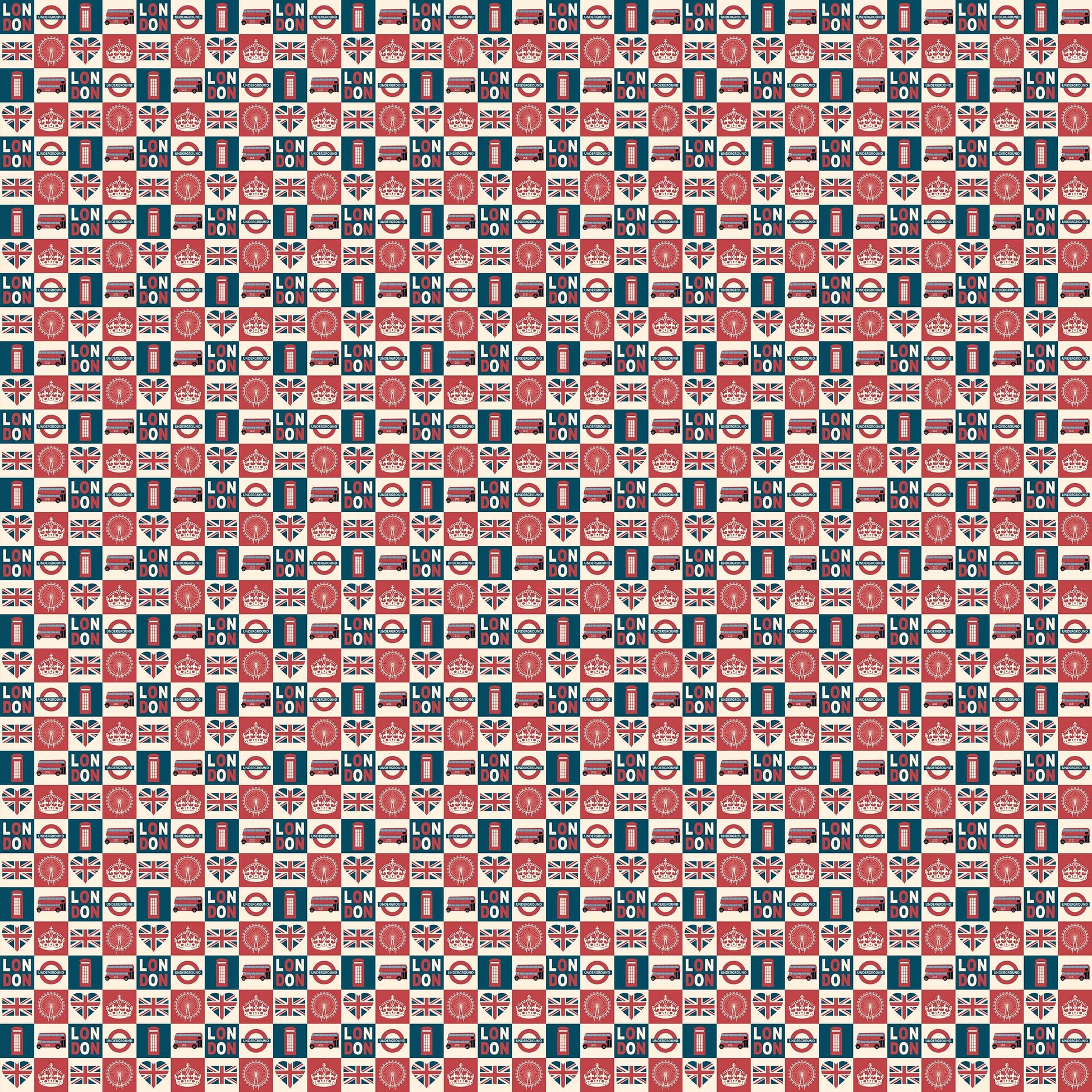 Colorful Brit Pop Blocks wallpaper featuring London icons like red buses and crowns in a retro pop-art pattern. Perfect for a modern art vibe.