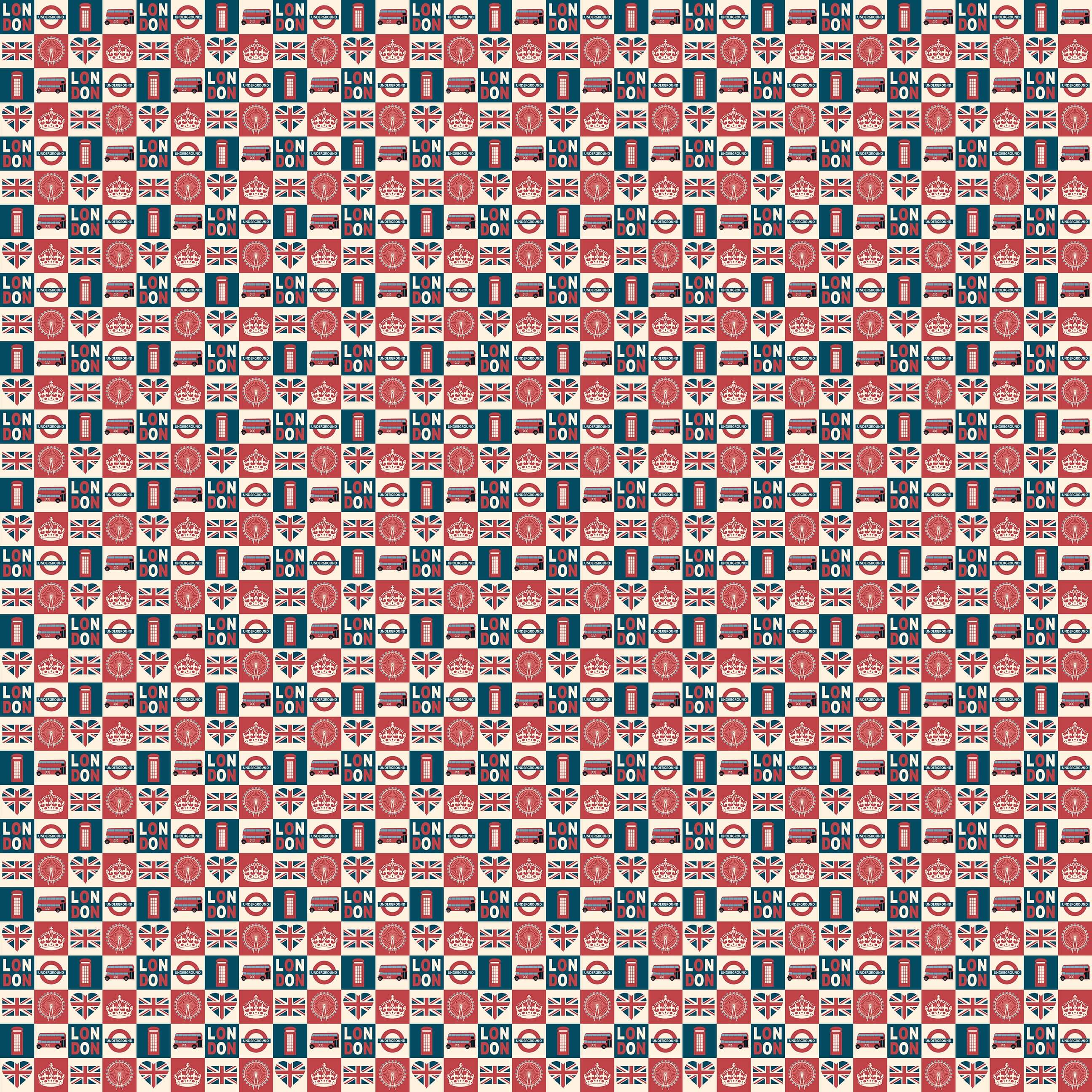 Colorful Brit Pop Blocks wallpaper featuring London icons like red buses and crowns in a retro pop-art pattern. Perfect for a modern art vibe.