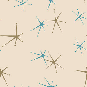 Mid-century modern retro wallpaper with teal and taupe starbursts on cream background, geometric design for vibrant interiors.