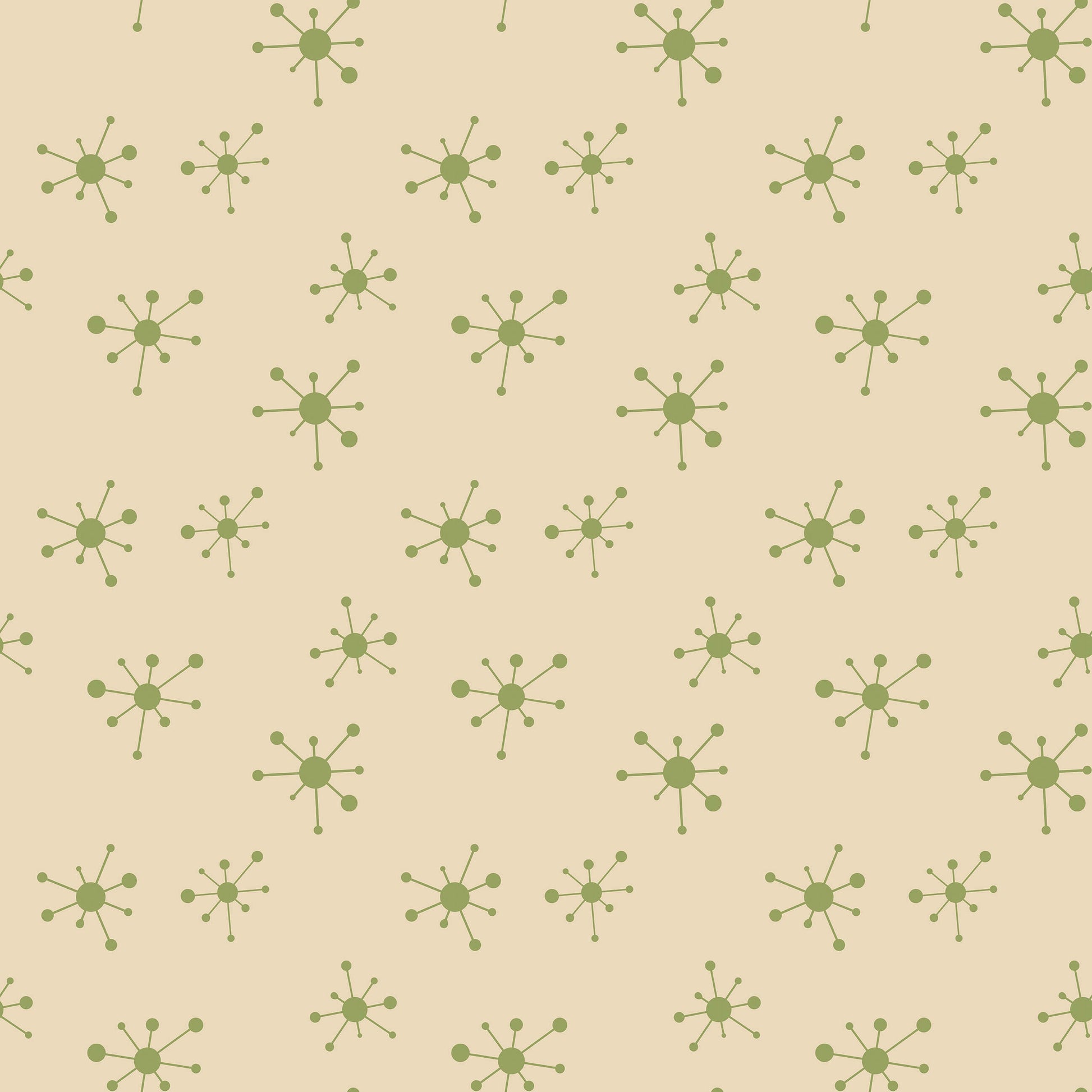Atomic Age Dots wallpaper in mid-century modern style with retro green geometric pattern on beige background.