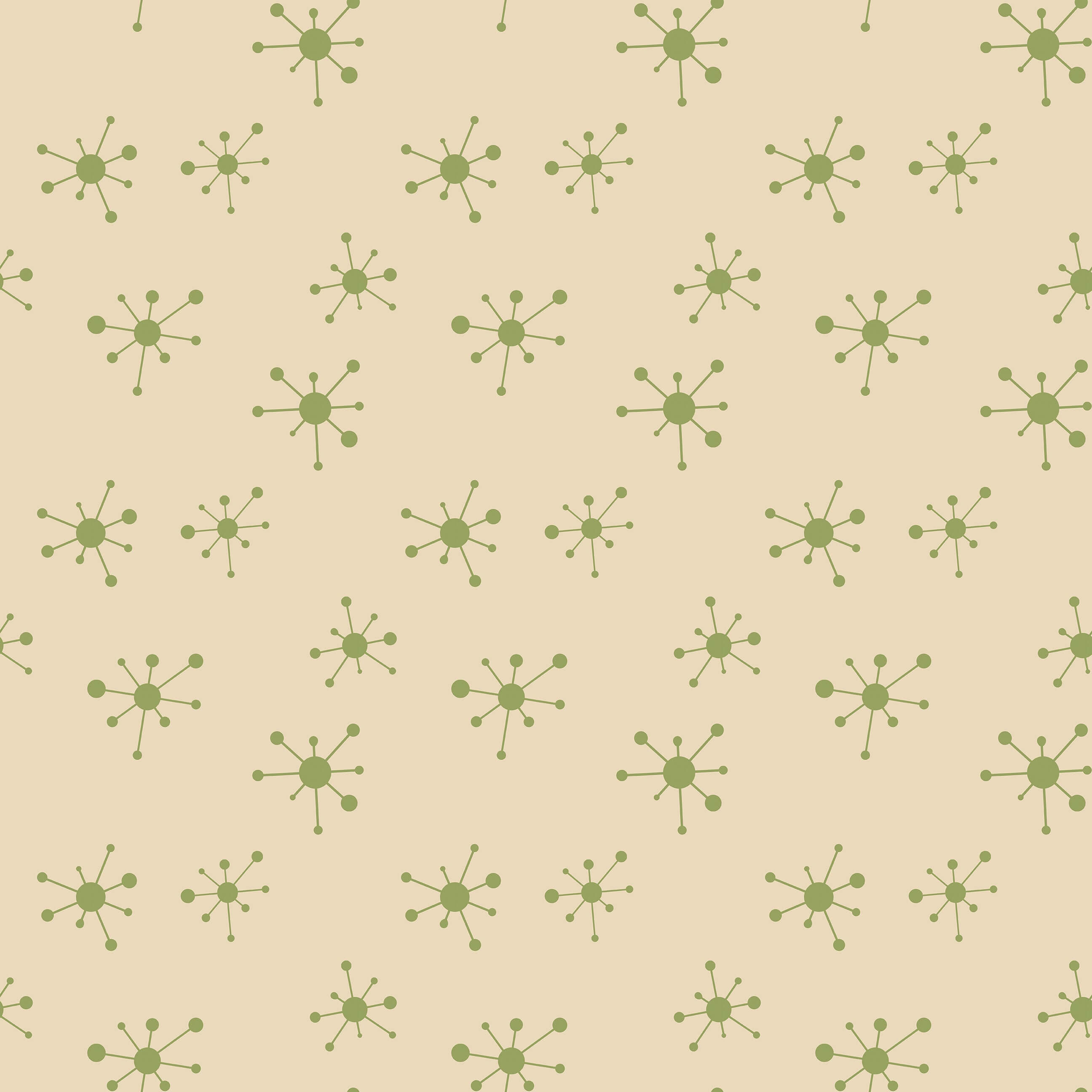 Atomic Age Dots wallpaper in mid-century modern style with retro green geometric pattern on beige background.