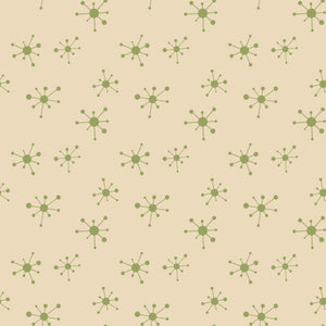 Atomic Age Dots wallpaper in mid-century modern style with retro green geometric pattern on beige background.