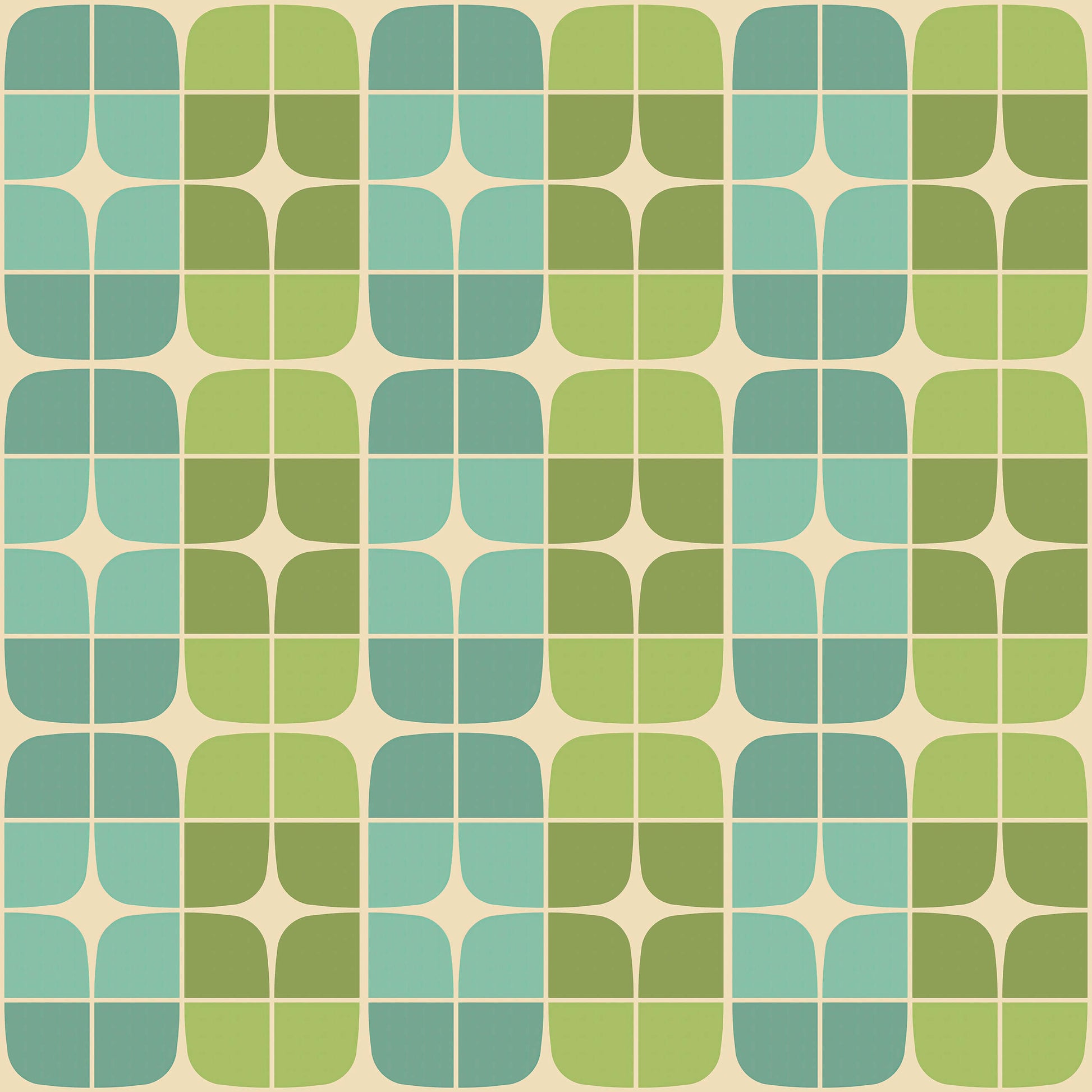 Retro geometric wallpaper featuring mid-century modern floral patterns in green and aqua, ideal for stylish interior decor.
