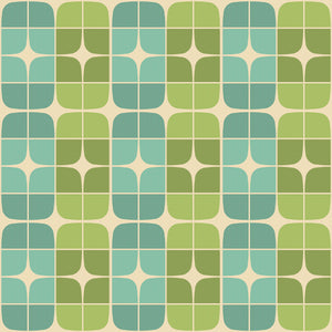 Retro geometric wallpaper featuring mid-century modern floral patterns in green and aqua, ideal for stylish interior decor.