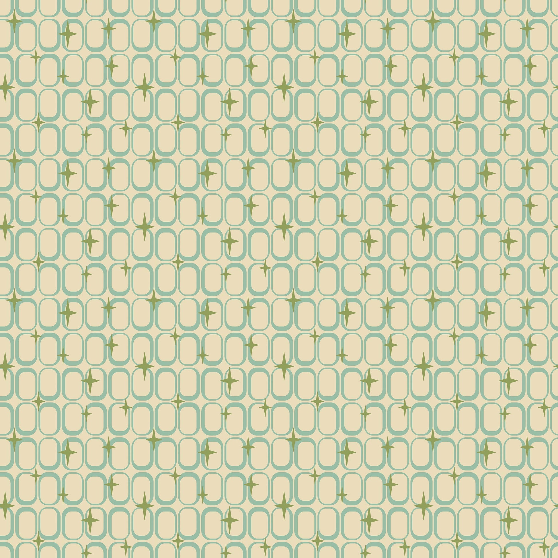 Retro Orbit Sparkle wallpaper with teal atomic ovals and olive green starbursts, mid-century-modern geometric pattern.