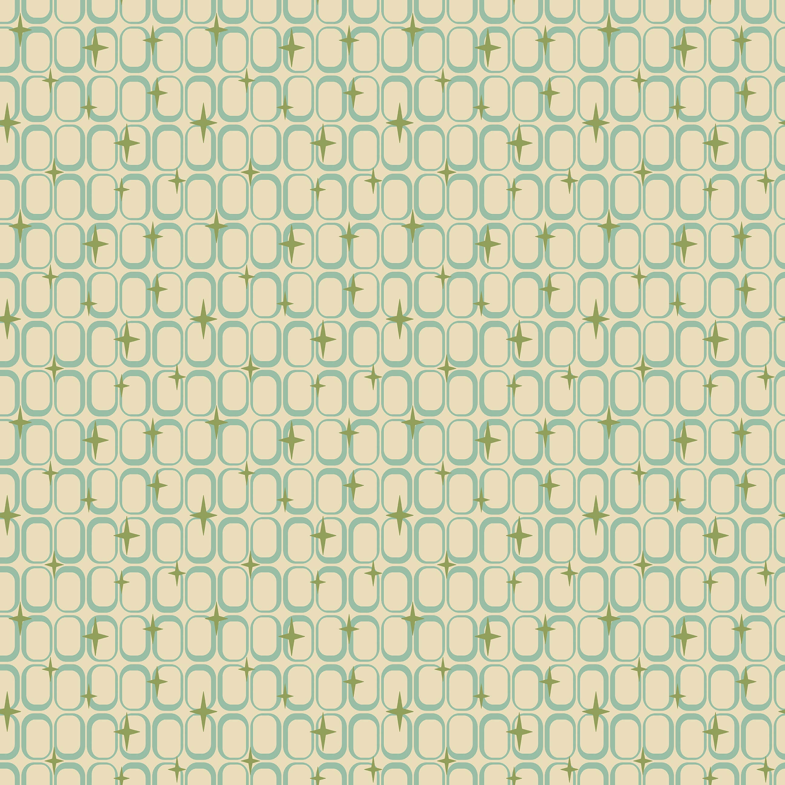Retro Orbit Sparkle wallpaper with teal atomic ovals and olive green starbursts, mid-century-modern geometric pattern.