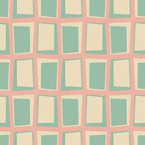 Atomic Windowpane Wallpaper with mid-century modern retro geometric mint green and cream rectangles, accented by coral lines.