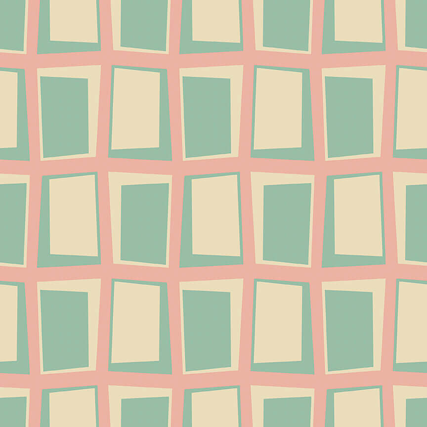 Atomic Windowpane Wallpaper with mid-century modern retro geometric mint green and cream rectangles, accented by coral lines.