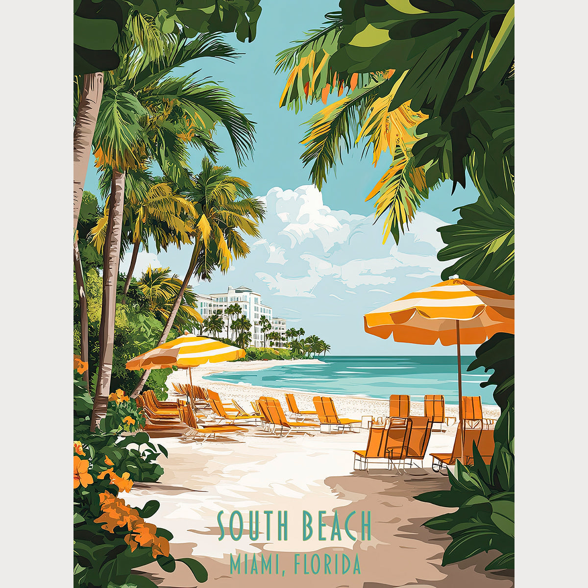 Tropical art print of South Beach, Miami, showcasing palm trees, lounge chairs, and beach umbrellas in a sunny coastal setting.