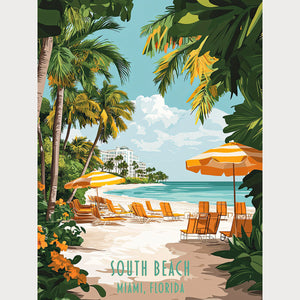 Tropical art print of South Beach, Miami, showcasing palm trees, lounge chairs, and beach umbrellas in a sunny coastal setting.