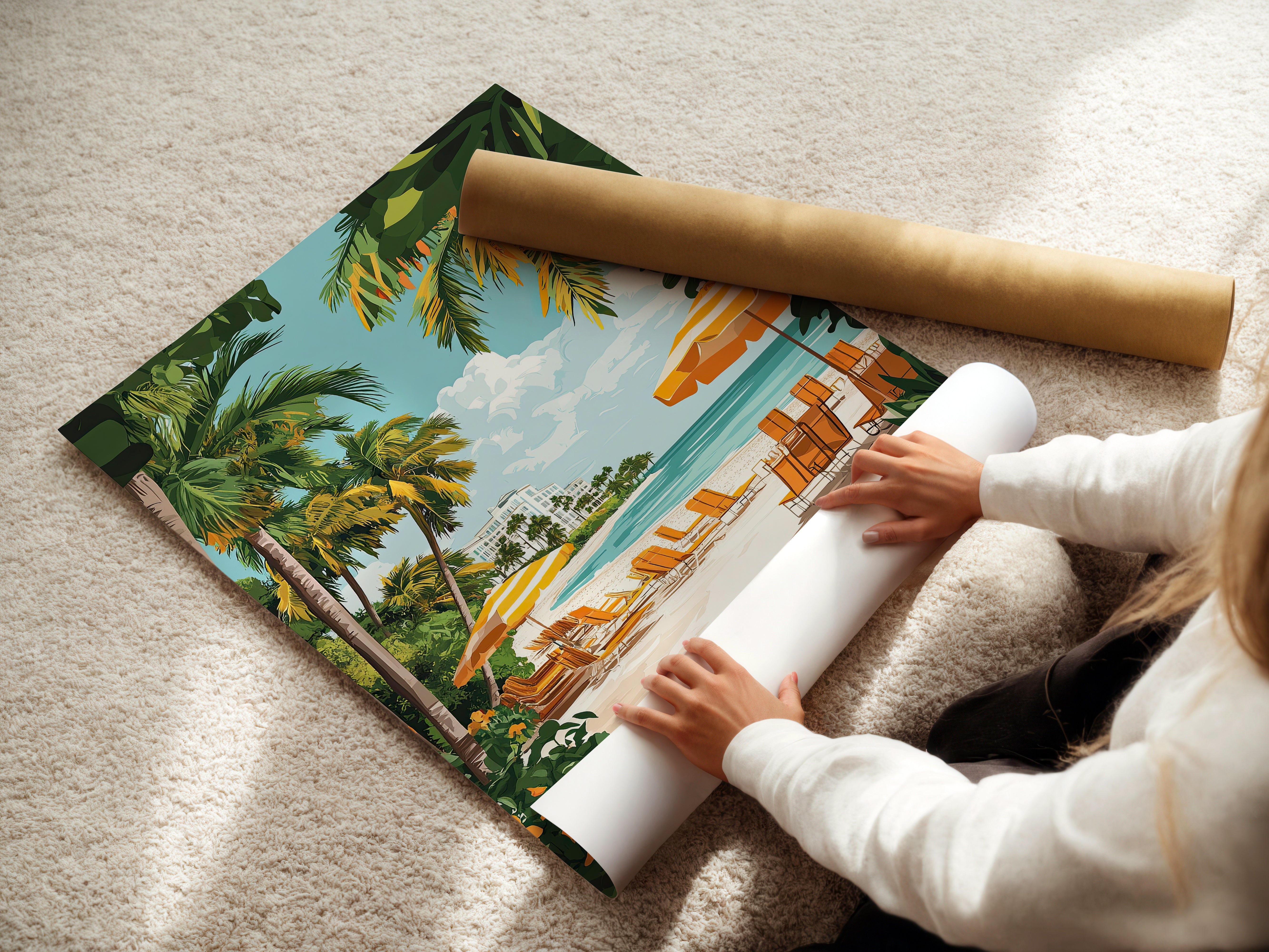 A person rolling out a vibrant tropical beach art print featuring palm trees and lounge chairs.