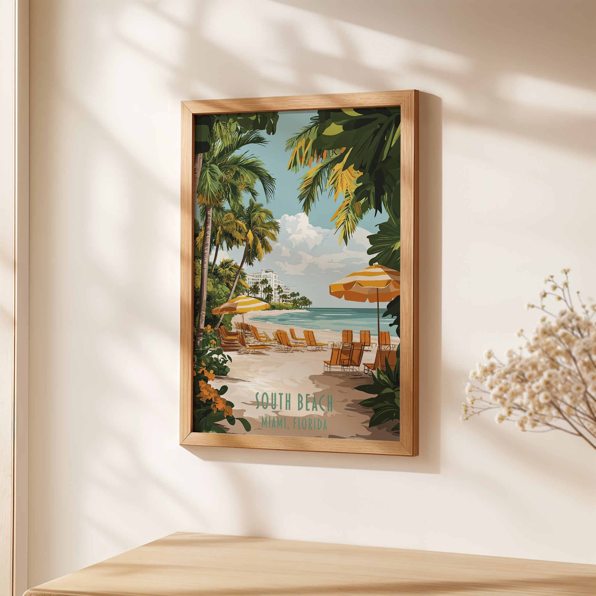 Tropical art print of South Beach, Miami with palm trees, beach chairs, and sun umbrellas in a coastal setting.