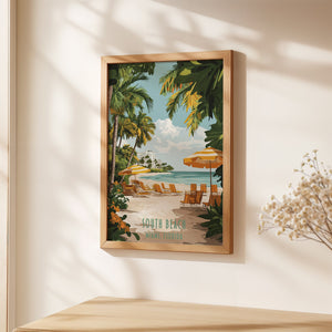 Tropical art print of South Beach, Miami with palm trees, beach chairs, and sun umbrellas in a coastal setting.