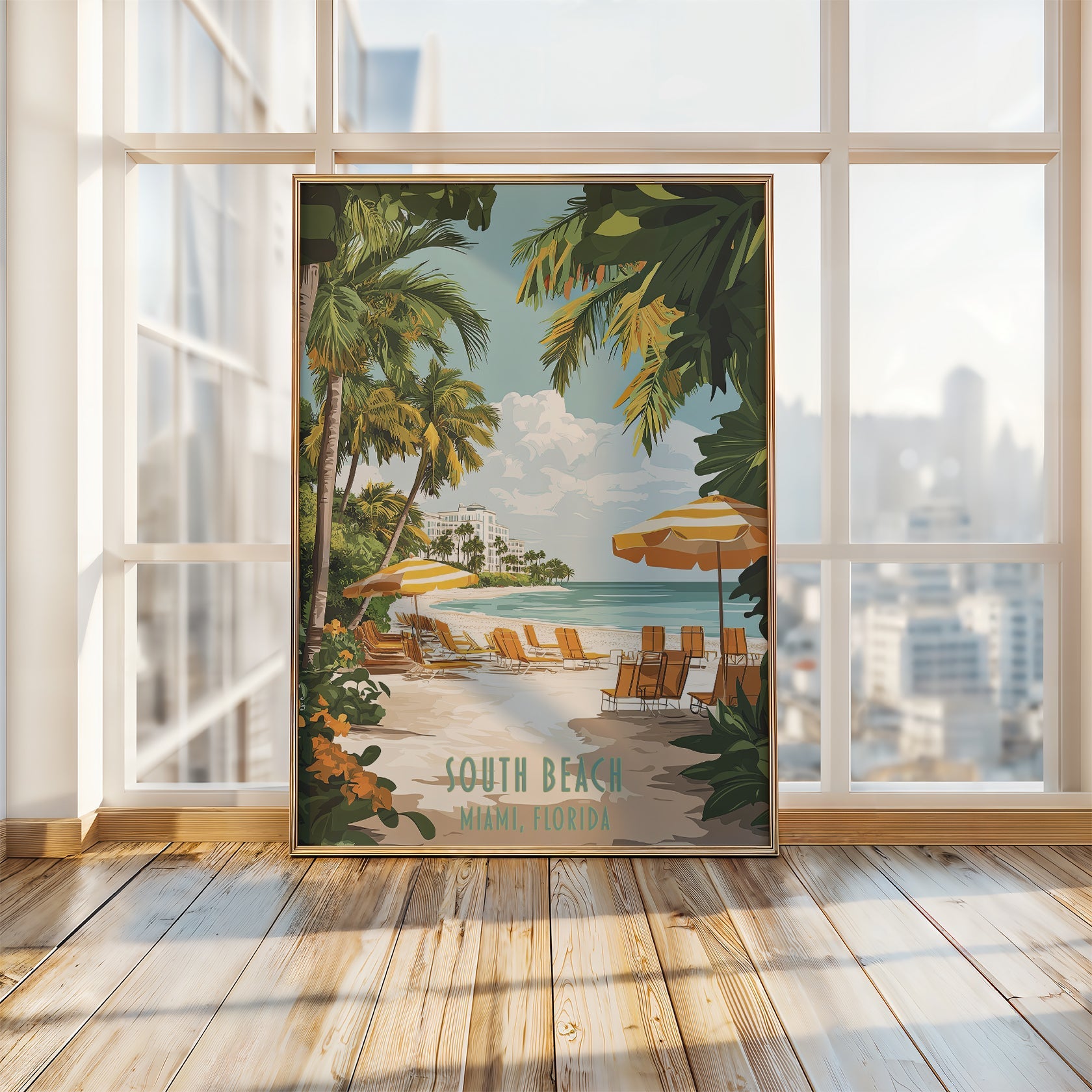 Vintage travel poster of South Beach, Miami, showcasing palm trees, ocean views, and beach loungers.