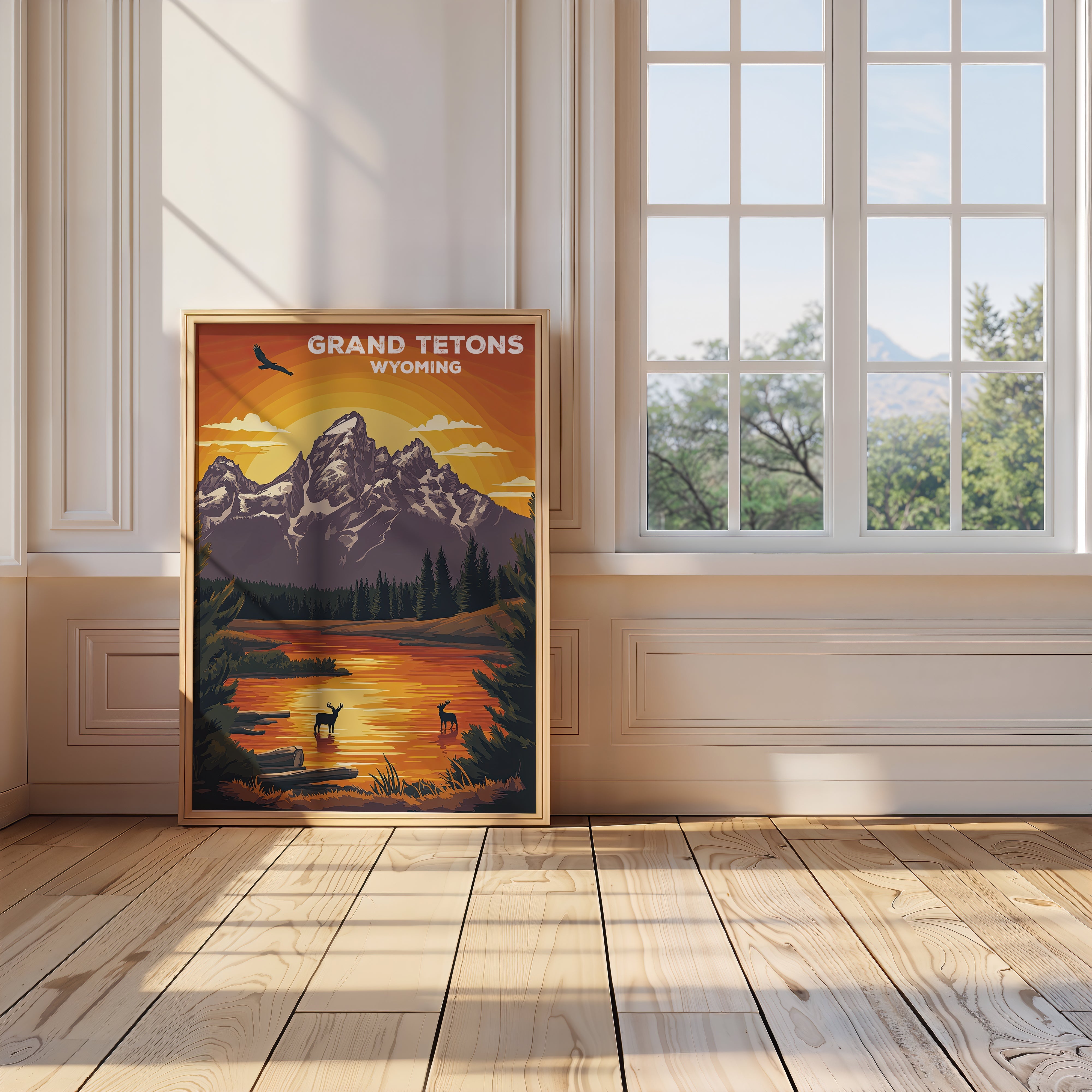 Golden sunset over Grand Tetons, Wyoming, featuring elk silhouettes in tranquil waters. Vintage travel wall art.