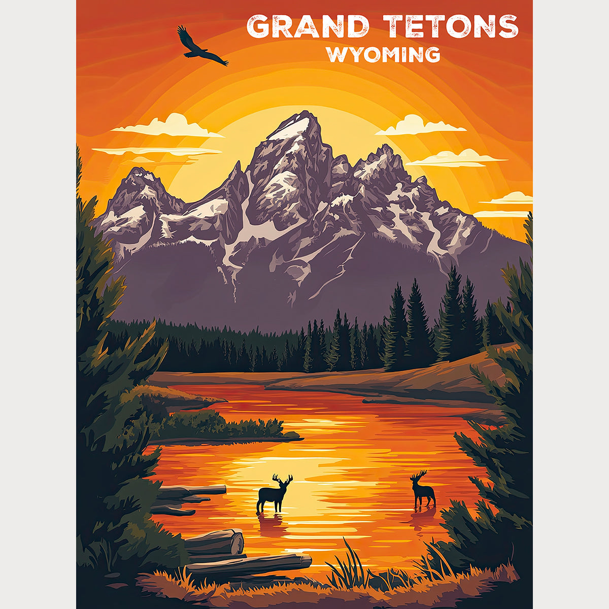 Golden sunset over Grand Tetons, Wyoming, with elk silhouettes and serene waters in a vintage travel art poster.