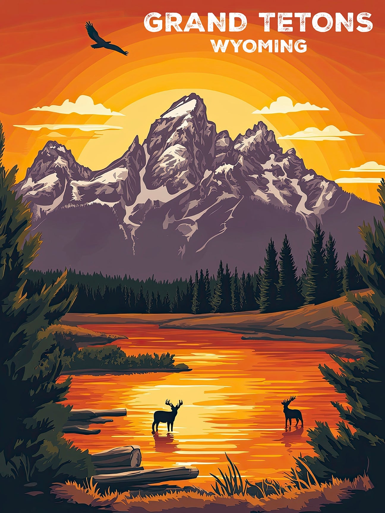 Vintage travel poster of Grand Tetons in Wyoming at sunset with mountains, elk, and tranquil lake reflections.