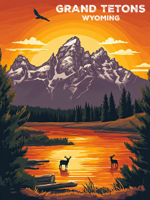 Vintage travel poster of Grand Tetons in Wyoming at sunset with mountains, elk, and tranquil lake reflections.